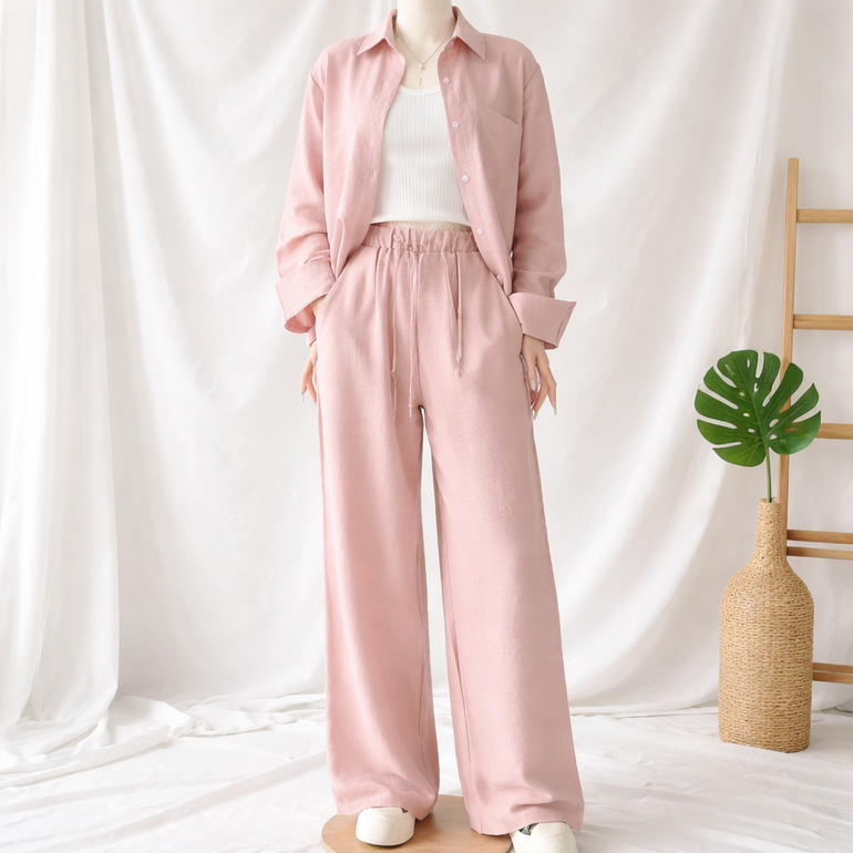 Women Casual Two-Piece Shirt and Wide Pants Set – Pink