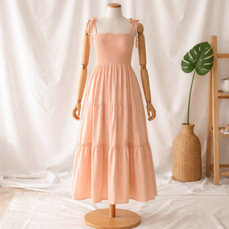Smocked Strap Midi Dress for Women – Peach