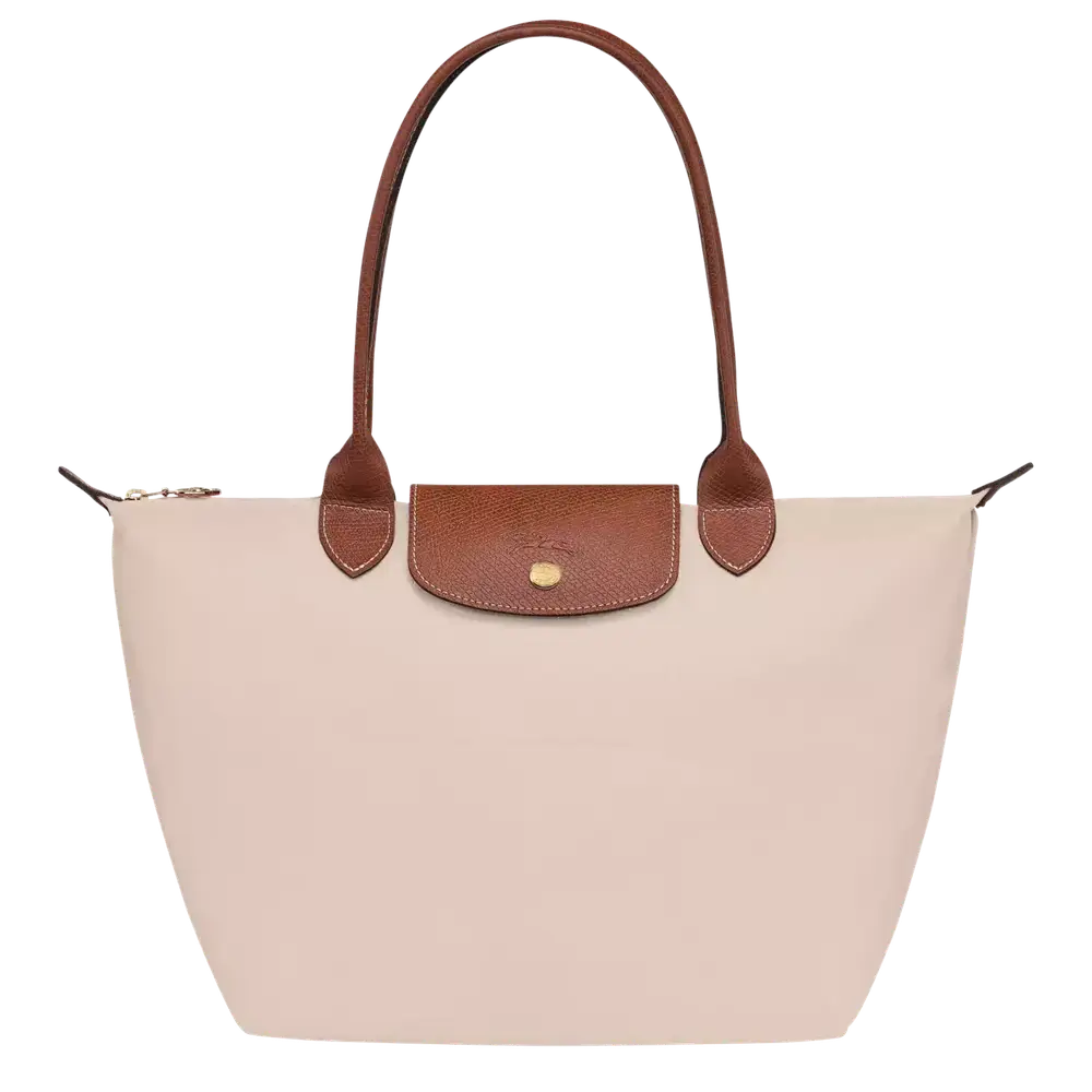 شنطة كتف Longchamp Le Pliage نايلون مع مقبض جلدي – بيج