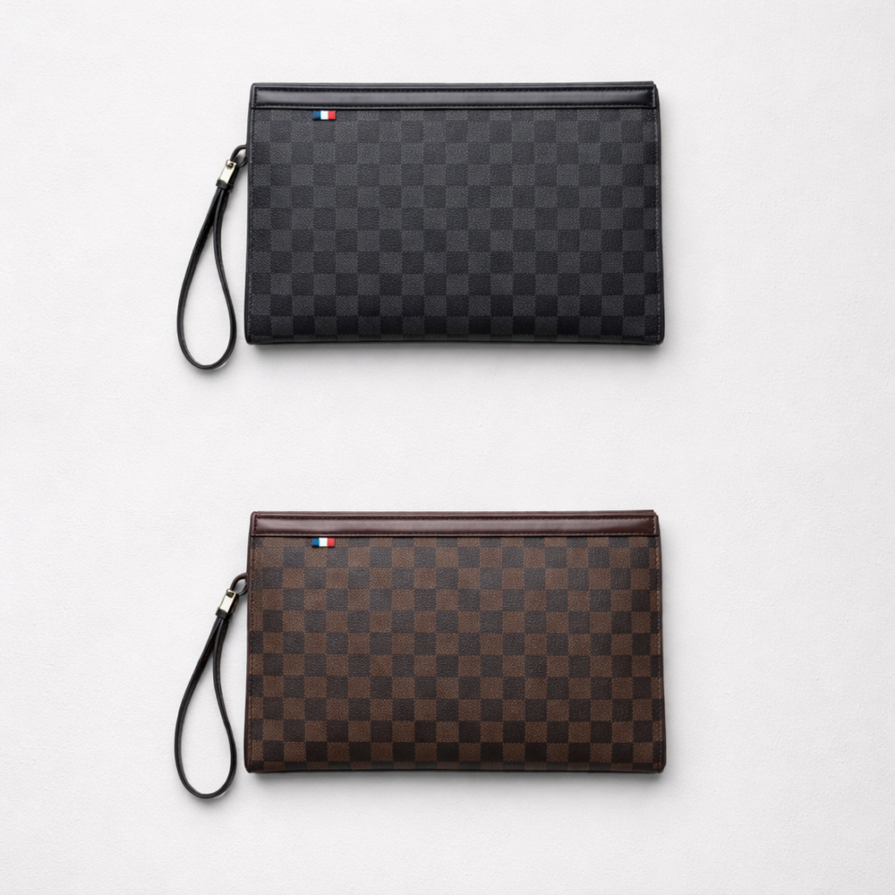 Damier Clutch Pouch with Wrist Strap – Black / Brown