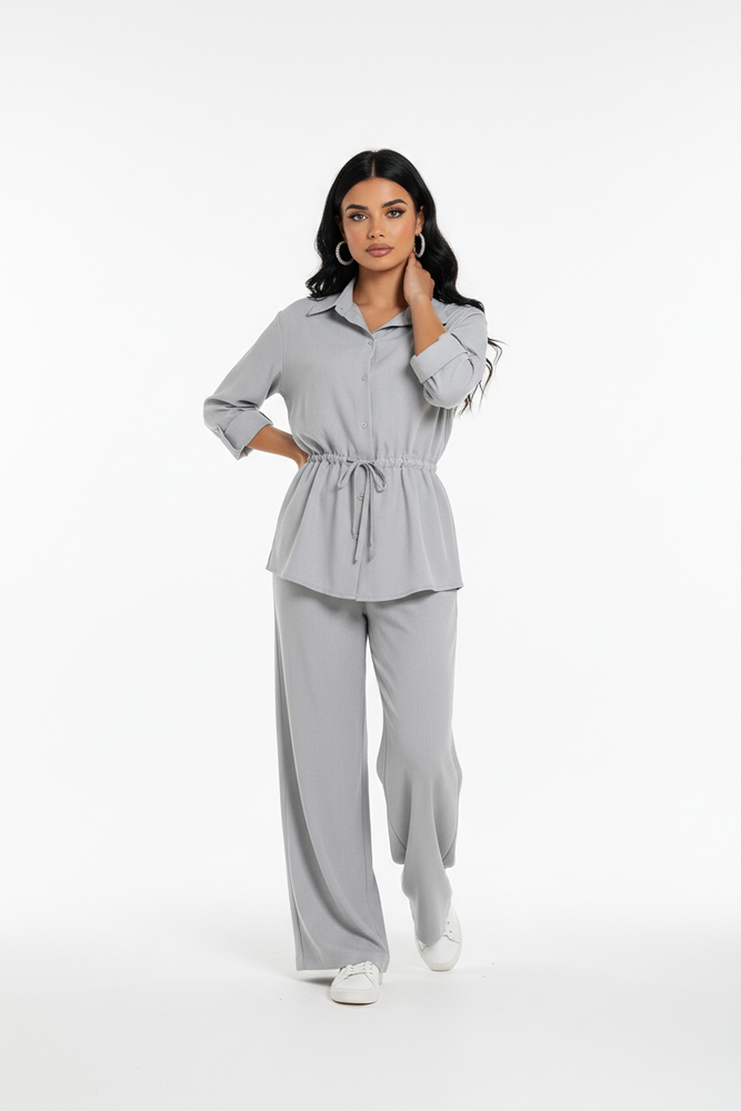 Elegant Women Two-Piece Shirt and Pants Set – Grey