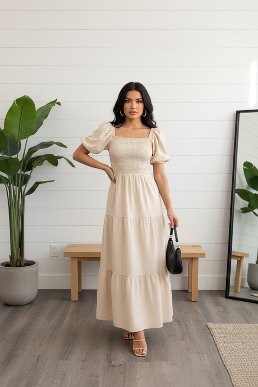 Beige Midi Dress for Women with Puff Sleeves – Elegant Style