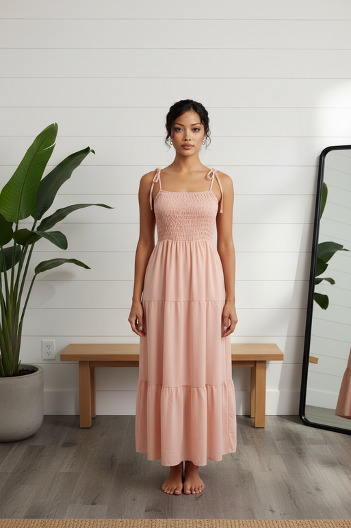 Smocked Strap Midi Dress for Women – Peach