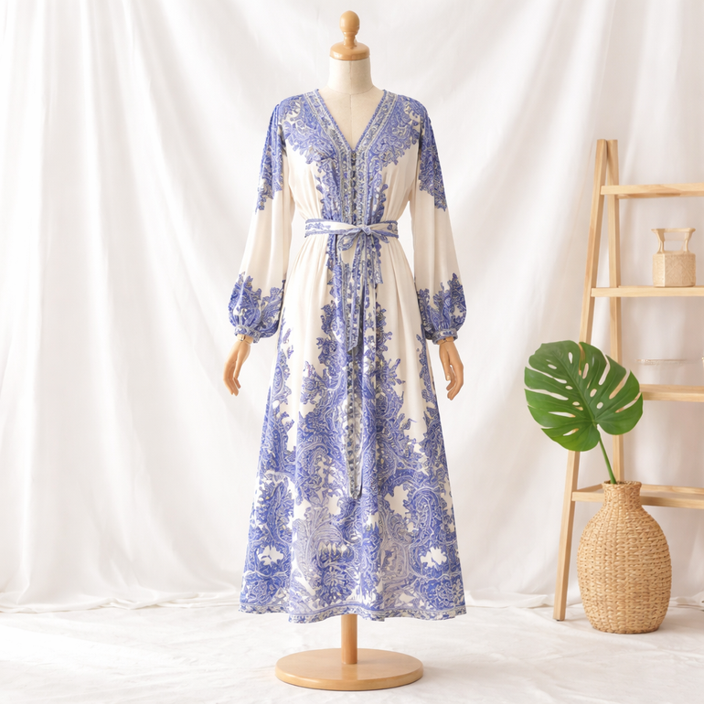 Elegant Boho Printed Maxi Dress for Women – Blue & White