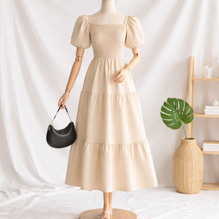 Beige Midi Dress for Women with Puff Sleeves – Elegant Style