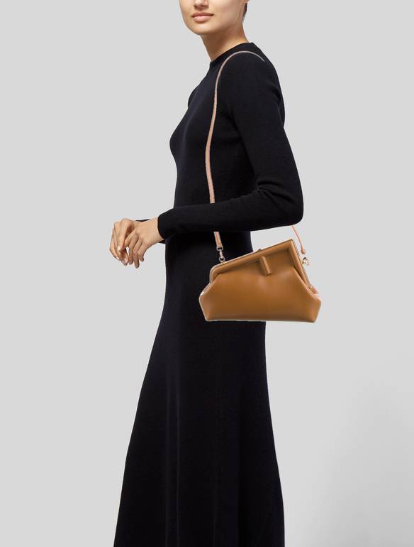 Fendi Leather Frame Clutch Bag with Shoulder Strap – Camel