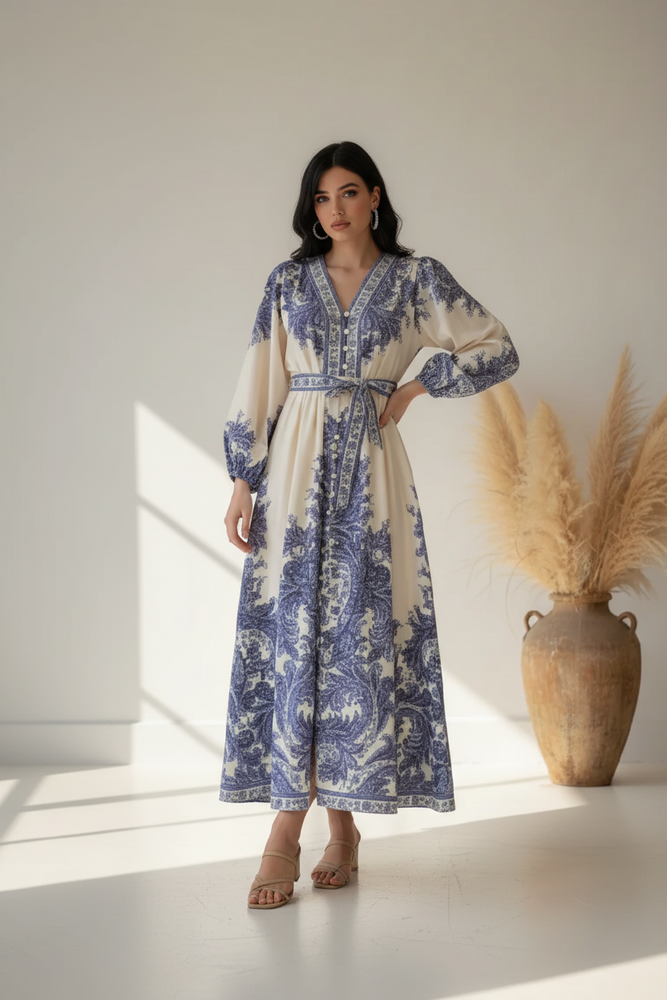 Elegant Boho Printed Maxi Dress for Women – Blue & White