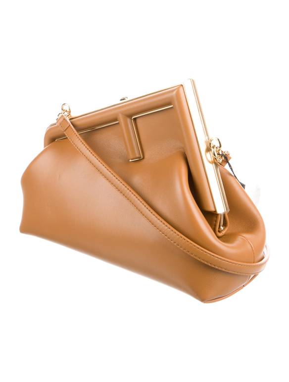 Fendi Leather Frame Clutch Bag with Shoulder Strap – Camel