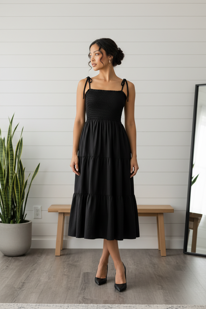 Smocked Strap Midi Dress for Women – Black