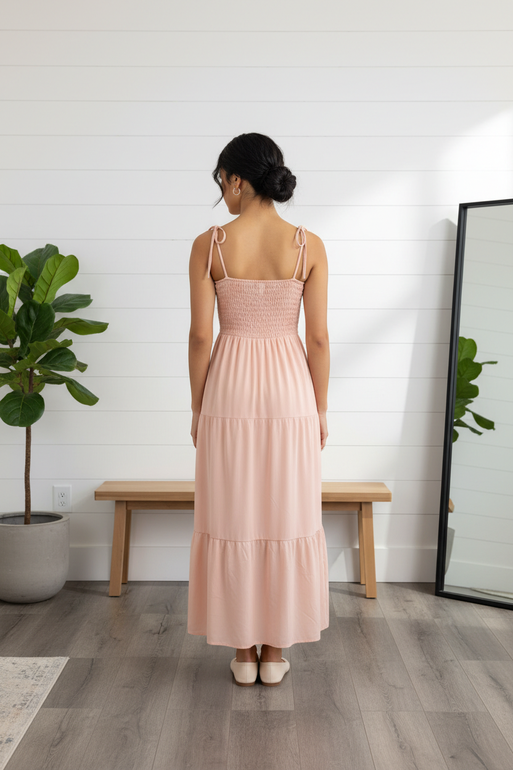 Smocked Strap Midi Dress for Women – Peach