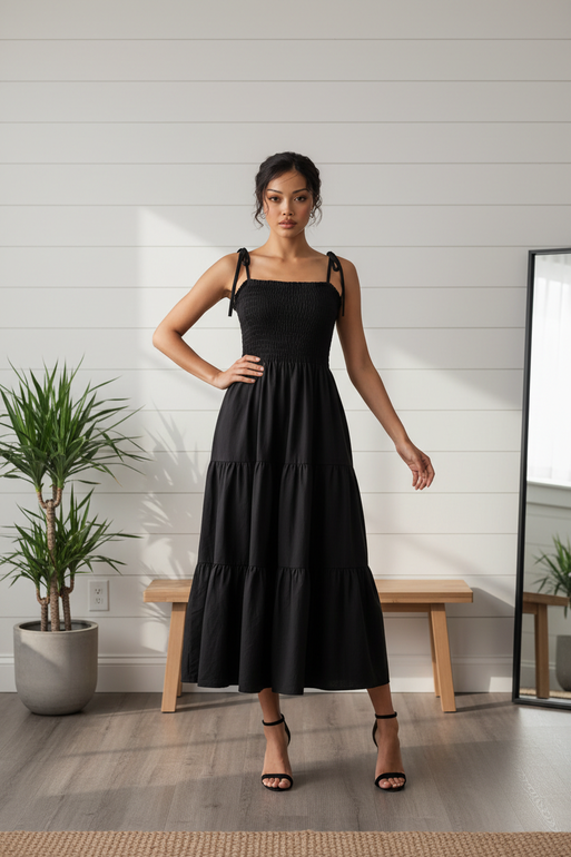 Smocked Strap Midi Dress for Women – Black
