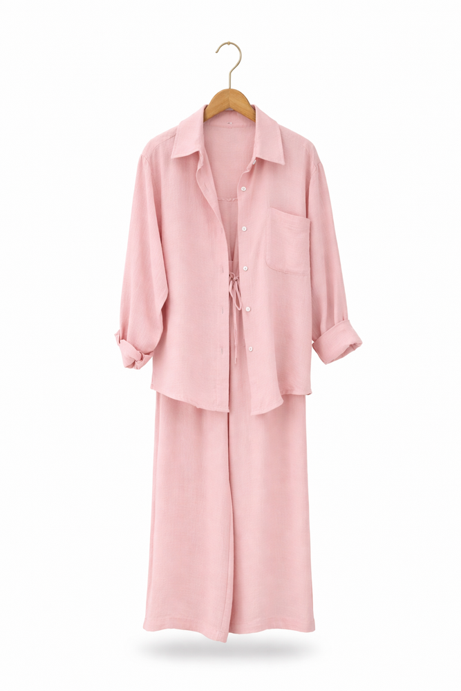 Women Casual Two-Piece Shirt and Wide Pants Set – Pink