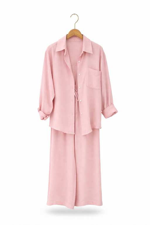 Women Casual Two-Piece Shirt and Wide Pants Set – Pink