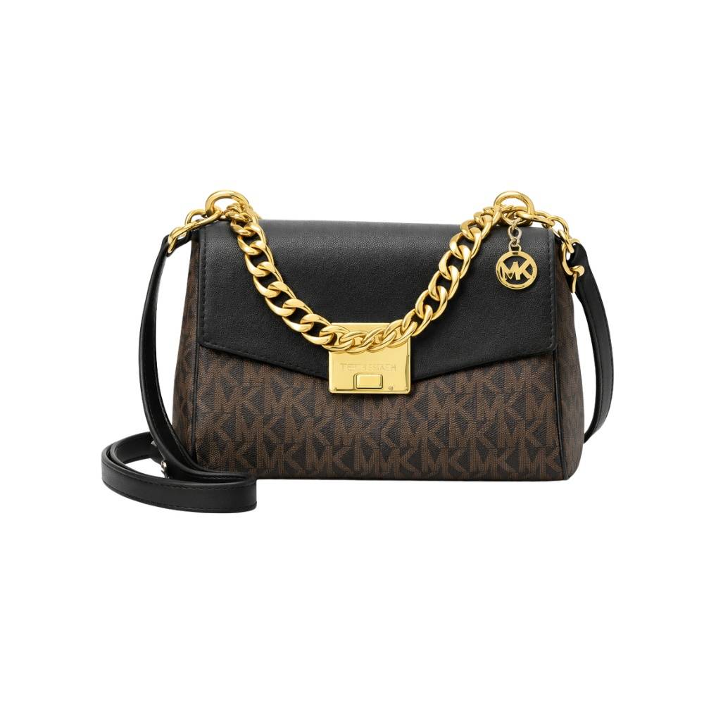 شنطة كتف Michael Kors بنقشة MK وسلسلة ذهبية – بني / أسود
