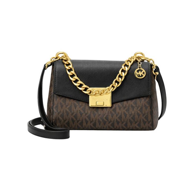 شنطة كتف Michael Kors بنقشة MK وسلسلة ذهبية – بني / أسود