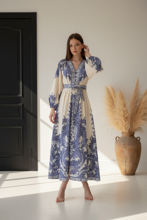 Elegant Boho Printed Maxi Dress for Women – Blue & White