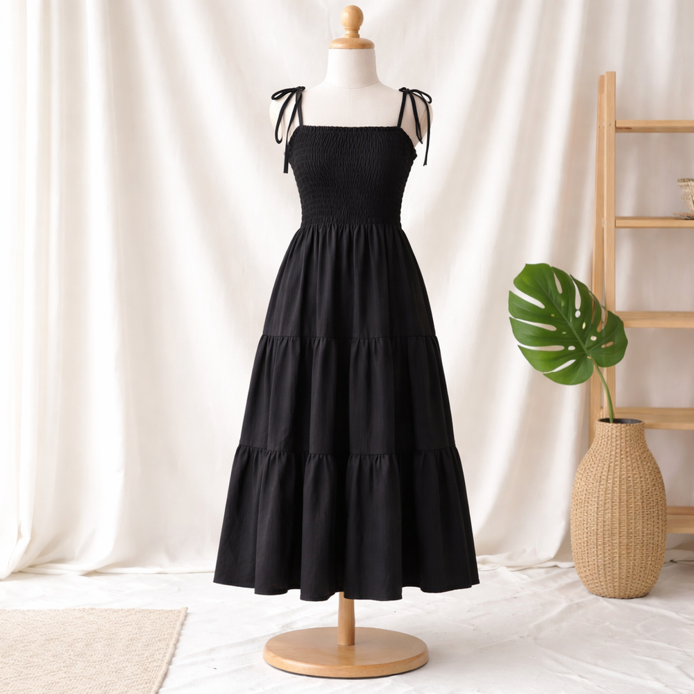 Smocked Strap Midi Dress for Women – Black