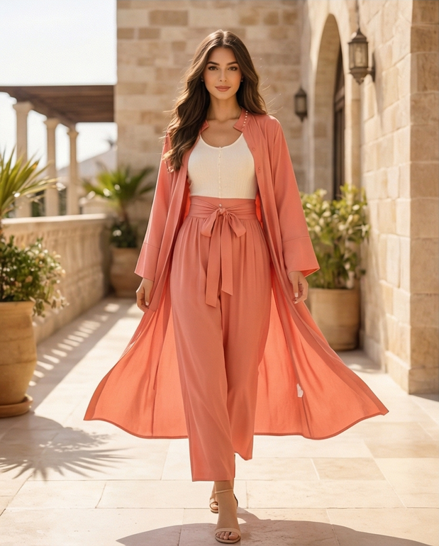 Women’s Elegant Summer 2-Piece Set – Open Abaya, Top & Pants