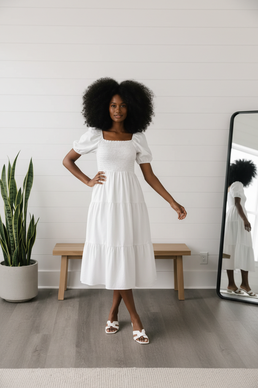 White Midi Dress for Women with Puff Sleeves – Elegant Summer Style