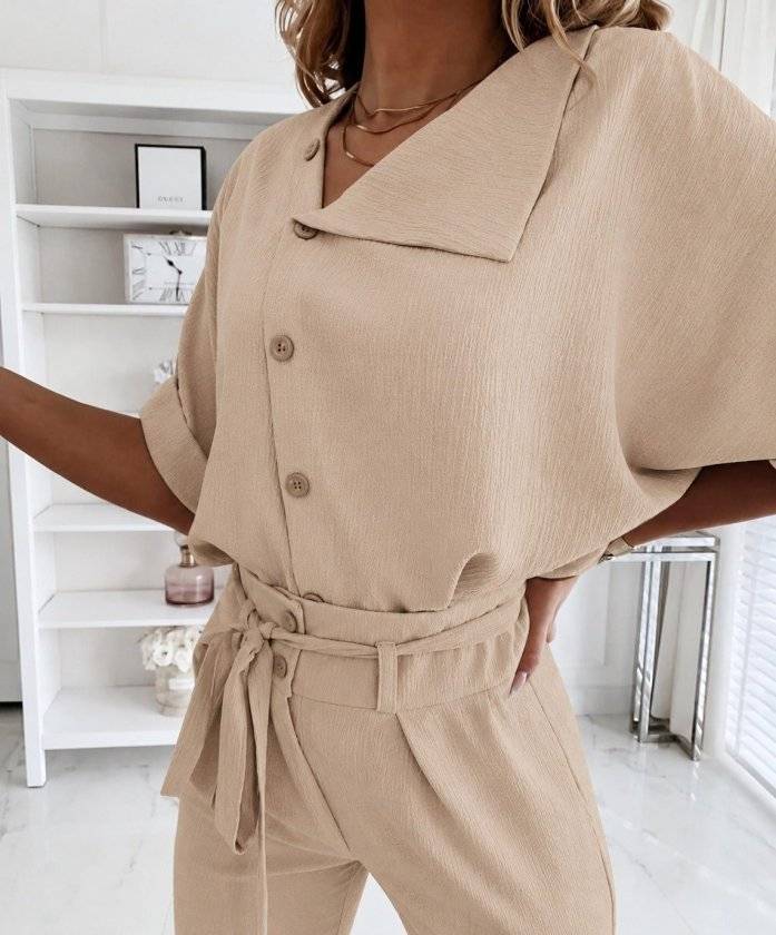 Elegant Beige Belted Jumpsuit