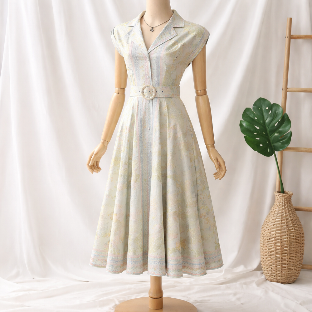 Elegant Printed Midi Dress with Belt – Multicolor