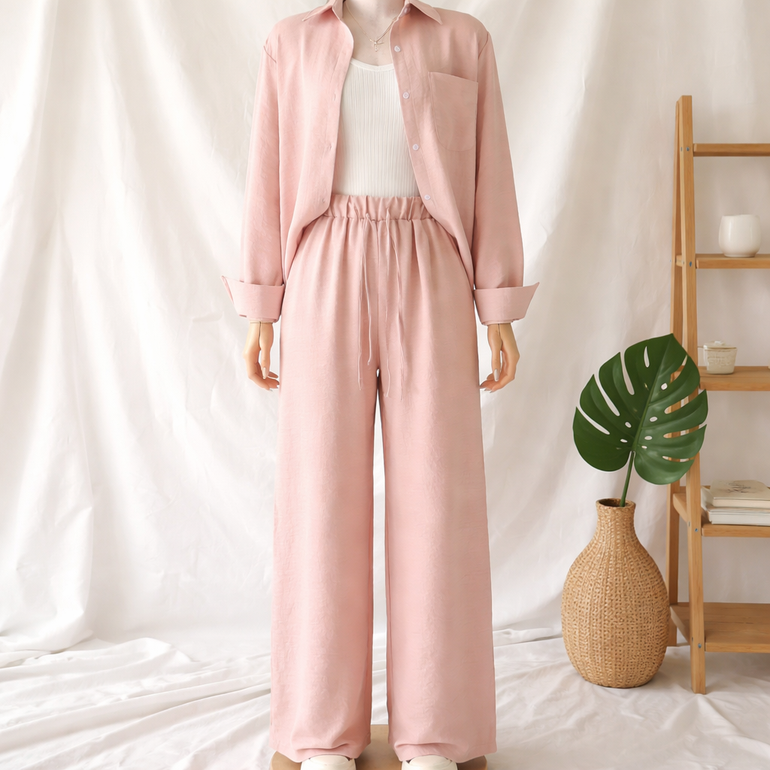 Women Casual Two-Piece Shirt and Wide Pants Set – Pink