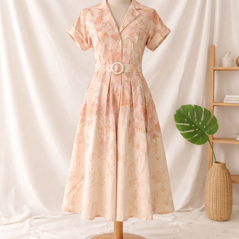 Floral Belted Midi Dress for Women – Peach