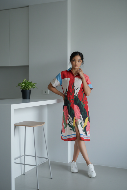 Women’s Botanical Print Summer Shirt Dress – Casual Modern Style