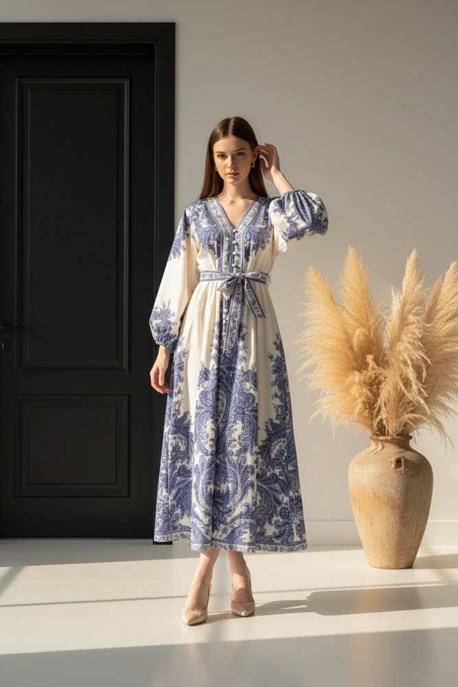 Elegant Boho Printed Maxi Dress for Women – Blue & White