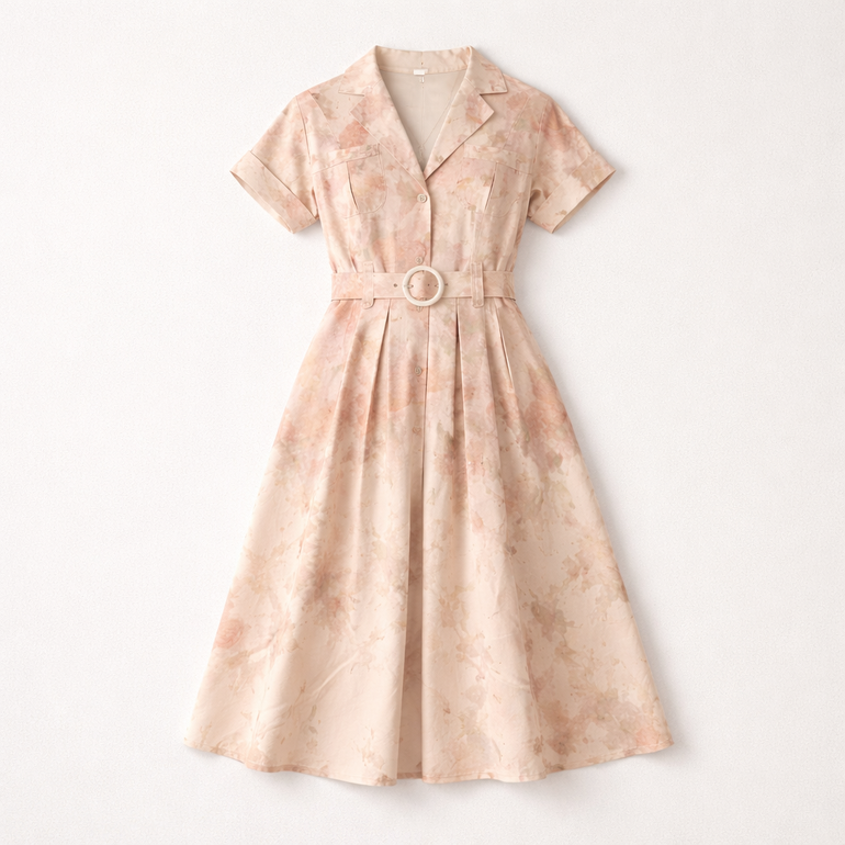 Floral Belted Midi Dress for Women – Peach