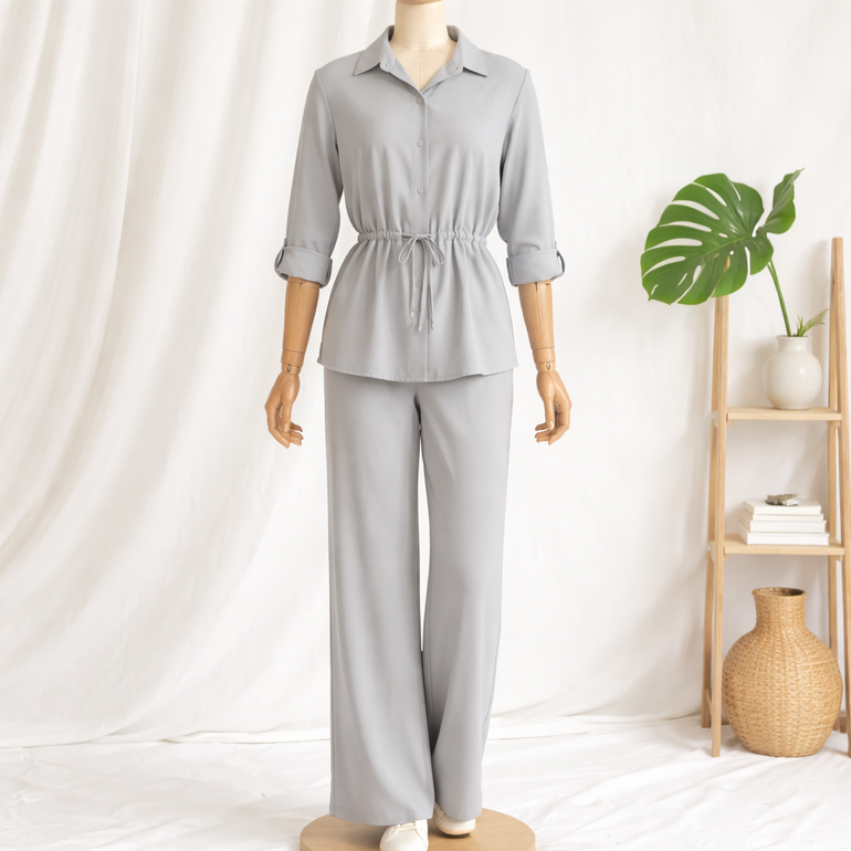 Elegant Women Two-Piece Shirt and Pants Set – Grey