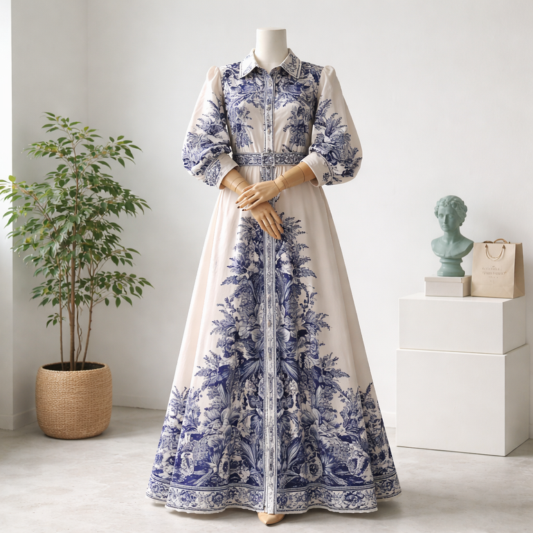 Elegant Blue Floral Maxi Dress for Women – Classic Style