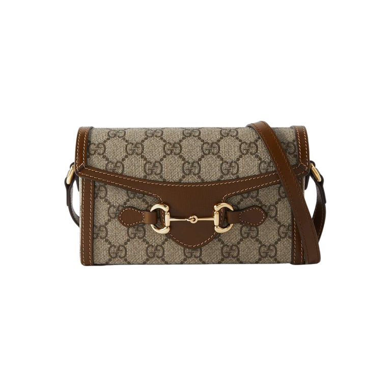 شنطة Gucci هورس بيت GG قماش مع حزام كتف – بيج وبني