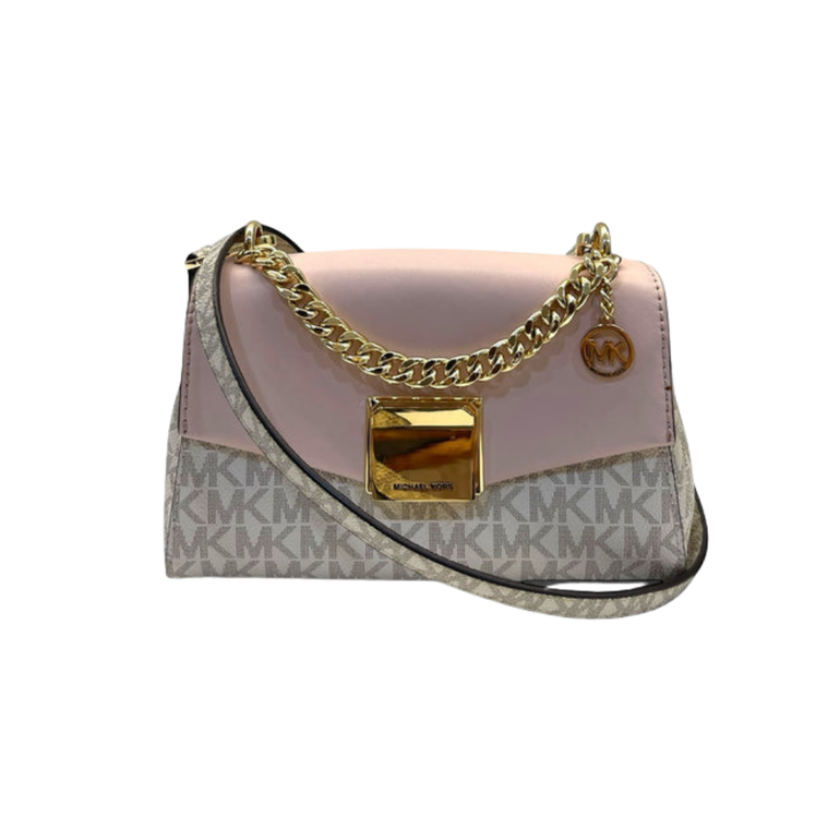 شنطة كتف Michael Kors بنقشة MK وسلسلة معدنية – وردي / بيج