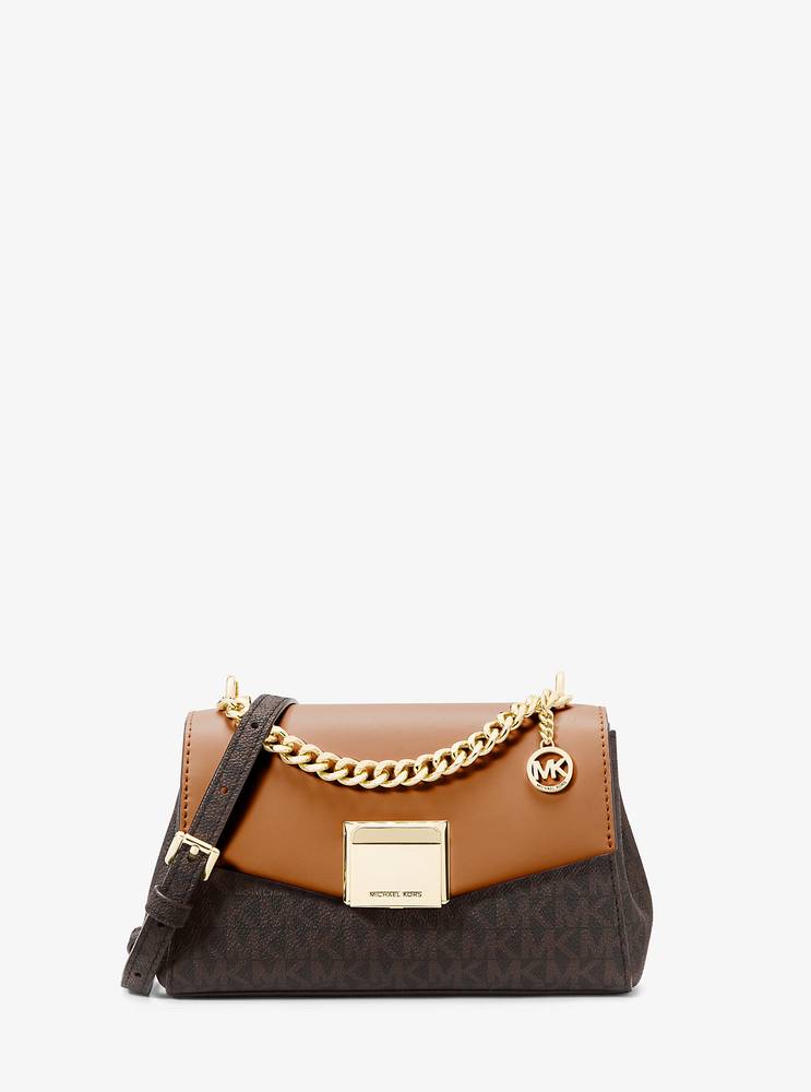 شنطة كتف Michael Kors ميني بنقشة MK وسلسلة ذهبية – بني