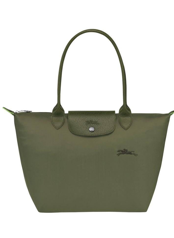 شنطة كتف Longchamp Le Pliage نايلون مع مقبض جلدي – أخضر