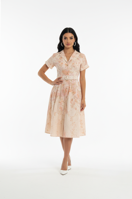 Floral Belted Midi Dress for Women – Peach
