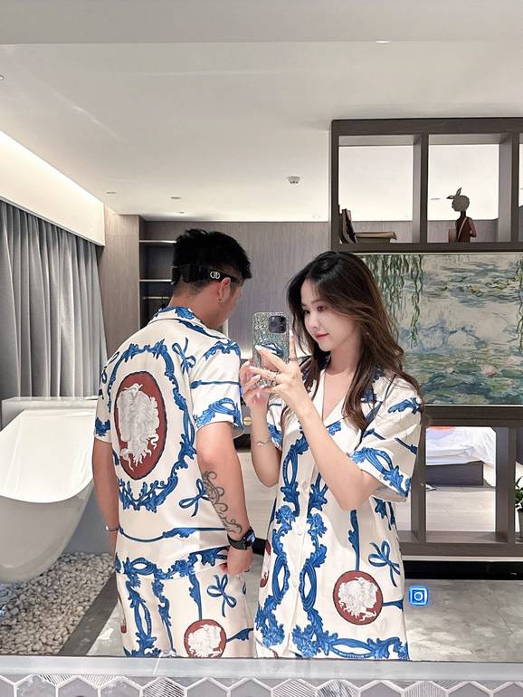 Couple Summer Pajama Set – Luxury Blue & White Baroque Print