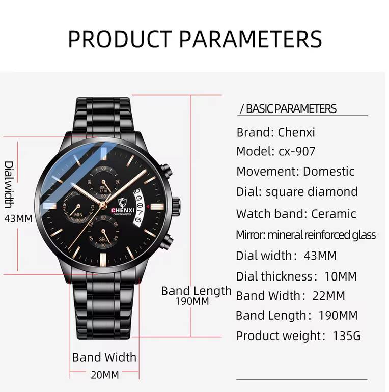 CHENXI Men’s Chronograph Watch – Luxury Stainless Steel Design