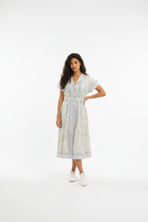 Elegant Printed Midi Dress with Belt – Multicolor