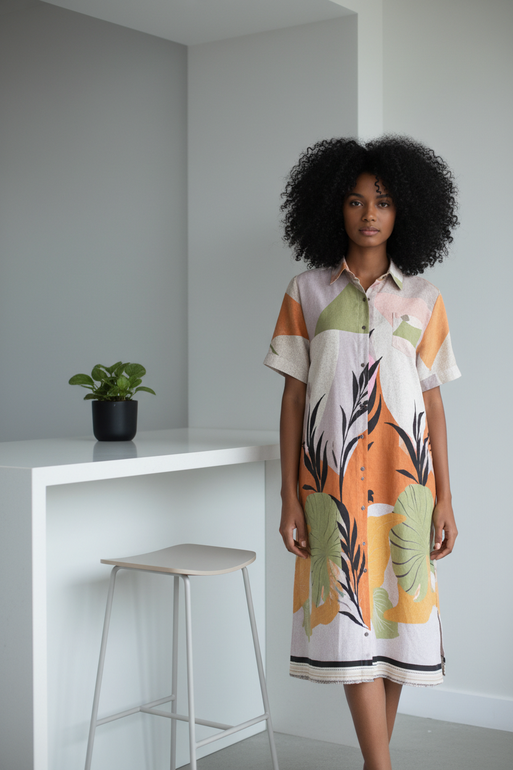 Women’s Botanical Print Shirt Dress – Elegant Casual Style