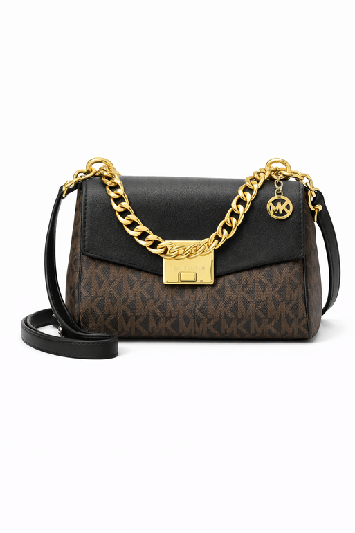 Michael Kors MK Monogram Chain Shoulder Bag – Brown / Black