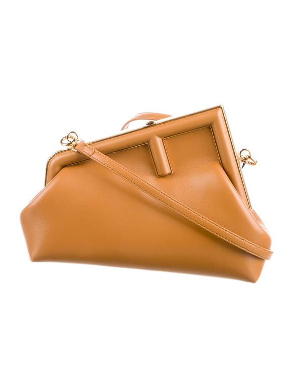 Fendi Leather Frame Clutch Bag with Shoulder Strap – Camel