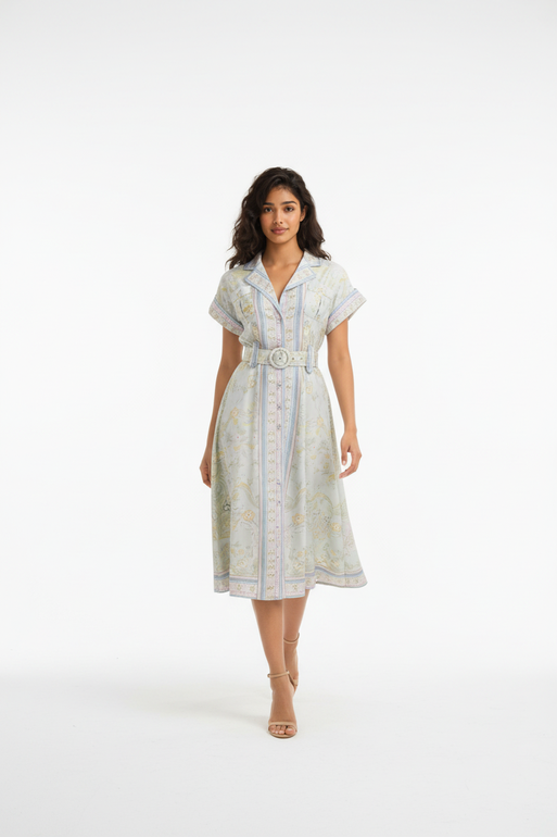 Elegant Printed Midi Dress with Belt – Multicolor