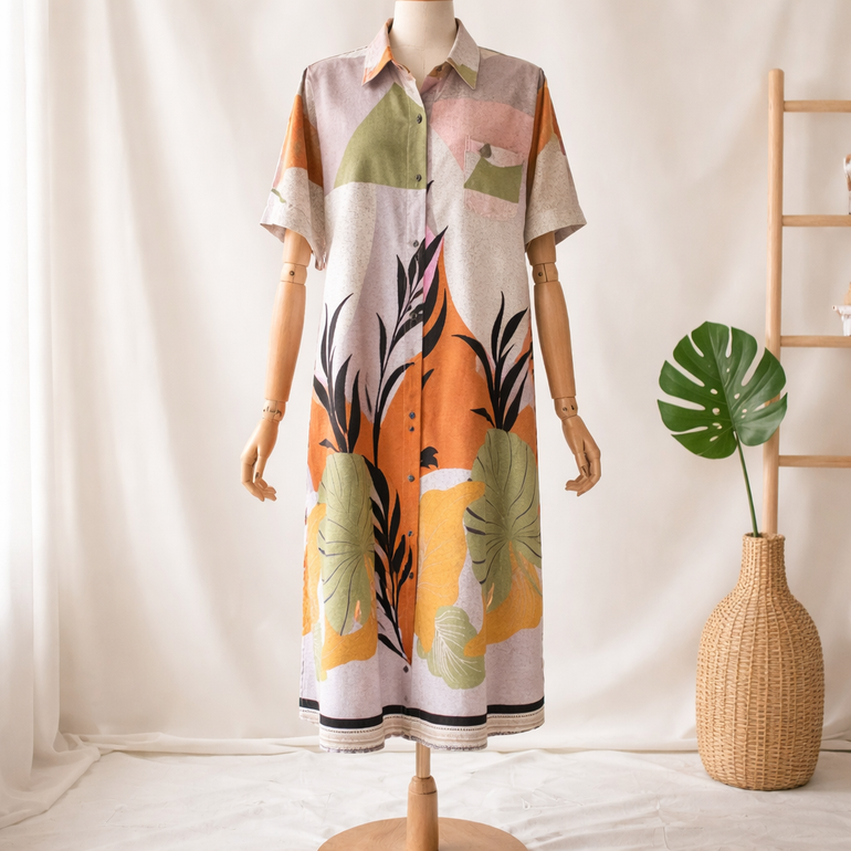 Women’s Botanical Print Shirt Dress – Elegant Casual Style