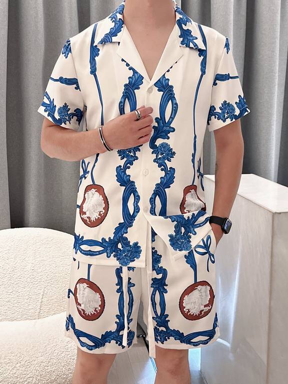 Couple Summer Pajama Set – Luxury Blue & White Baroque Print