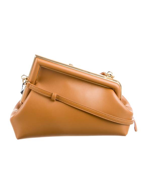 Fendi Leather Frame Clutch Bag with Shoulder Strap – Camel