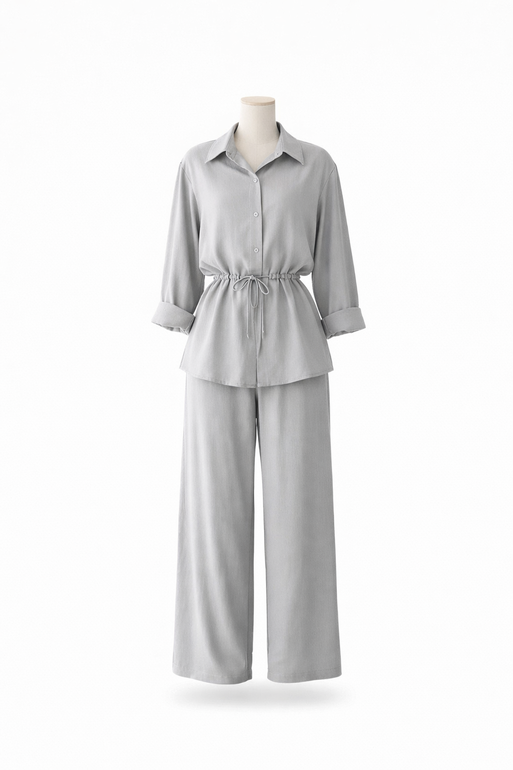 Elegant Women Two-Piece Shirt and Pants Set – Grey