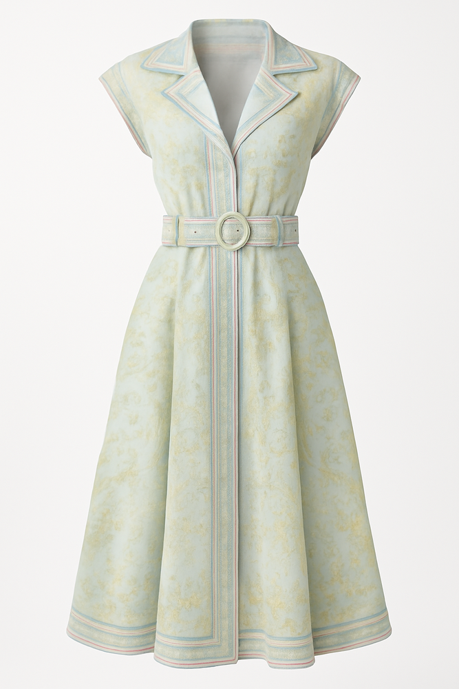 Elegant Printed Midi Dress with Belt – Multicolor