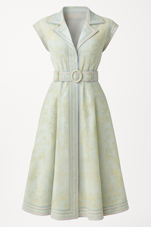 Elegant Printed Midi Dress with Belt – Multicolor